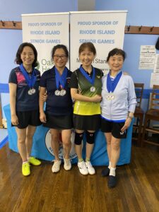 Women’s doubles gold medalists: 55-59 Moonok Lee, Aida Deng; 65-69 Qin Zhang, Yanhua Wang