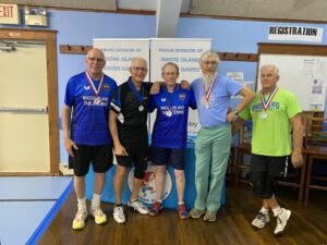 Men’s doubles 65-69 age group. Left to right, John Shunney-Bronze; Chuck Cavicchio and Dennis Hopper-Gold; Marty Wencek and Bruce Ahern-Silver